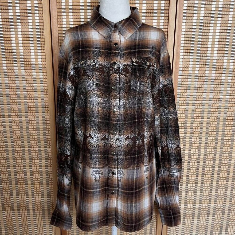 Brown plaid button up shirt with paisley print, studs and cross patch on back